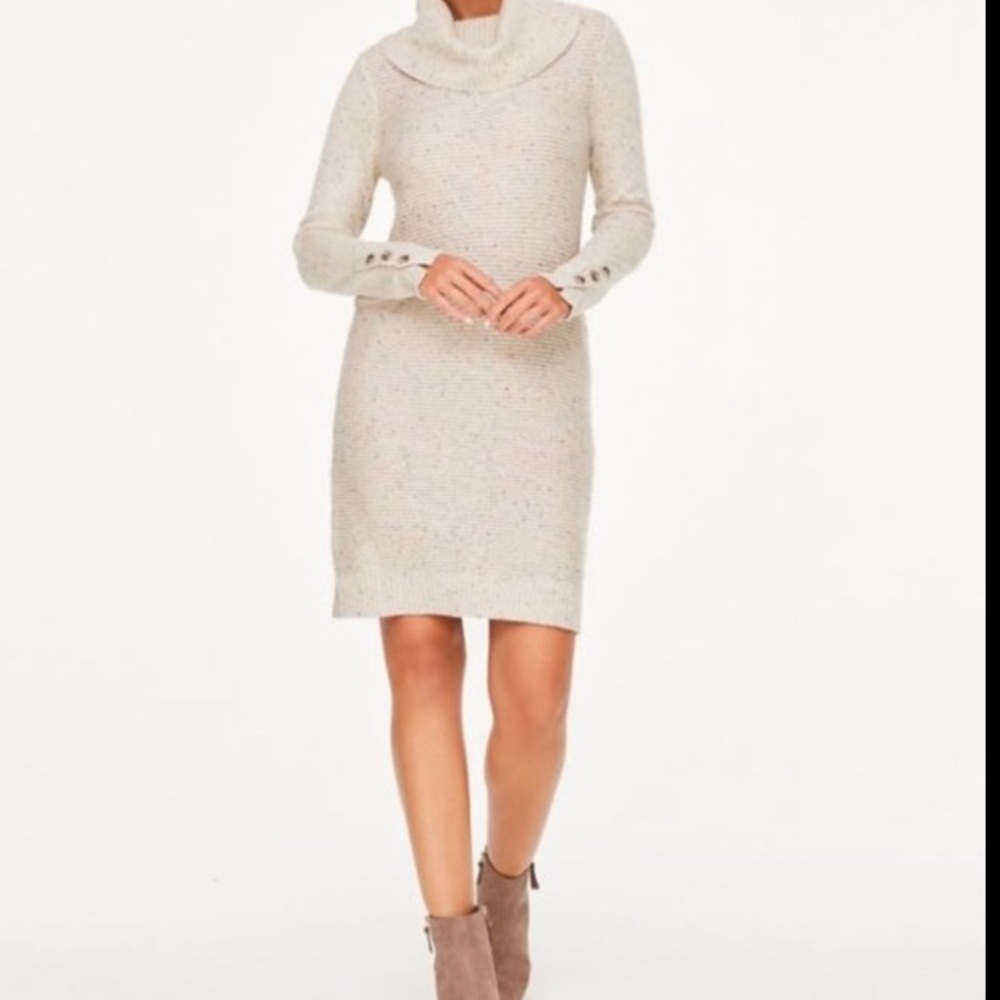 LOFT Cowl Neck Sweater Cream Speckled Dress Button Sleeve Detail - Picture 7 of 7